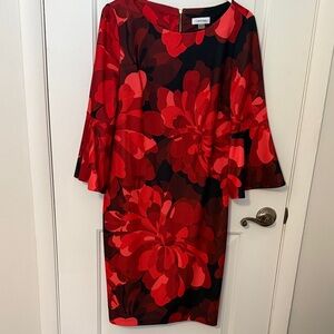 Calvin Klein Red and Black Floral Long Sleeve Dress